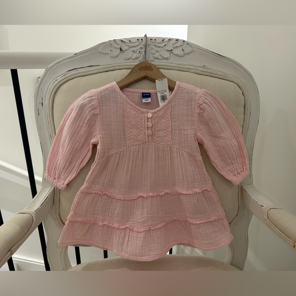 🩰 Baby 12~18 Mth Blush Pink Muslin Cotton Embroidered Boho Baby Dress NWT